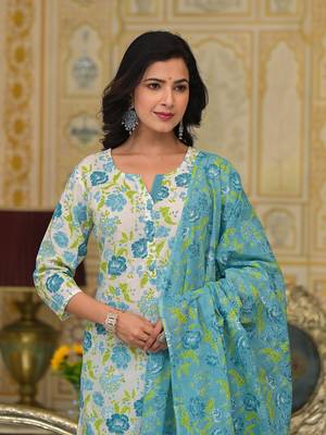  teal green floral print straight button show on yoke kurta trouser and dupatta set 5