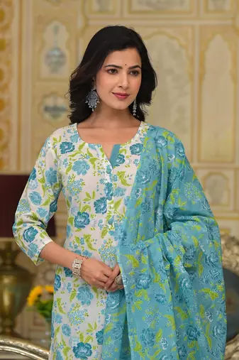  teal green floral print straight button show on yoke kurta trouser and dupatta set