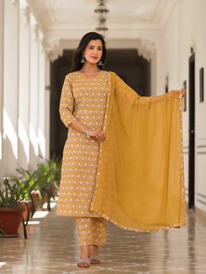 cotton mustard leaf print kurta trouser with dupatta set 1