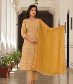cotton mustard leaf print kurta trouser with dupatta set