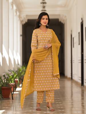 cotton mustard leaf print kurta trouser with dupatta set 2