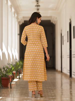 cotton mustard leaf print kurta trouser with dupatta set 3