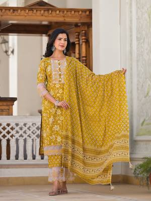  mustard floral print pakistani style kurta trouser and dupatta set 1