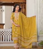  mustard floral print pakistani style kurta trouser and dupatta set