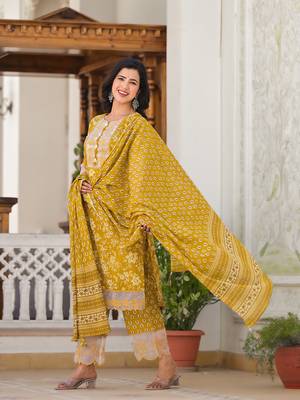  mustard floral print pakistani style kurta trouser and dupatta set 2