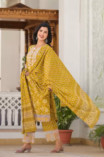 mustard floral print pakistani style kurta trouser and dupatta set