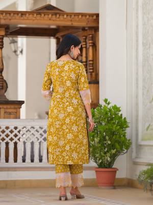  mustard floral print pakistani style kurta trouser and dupatta set 3
