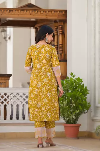  mustard floral print pakistani style kurta trouser and dupatta set