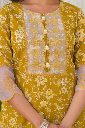  mustard floral print pakistani style kurta trouser and dupatta set