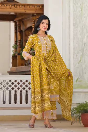 mustard floral print pakistani style kurta trouser and dupatta set