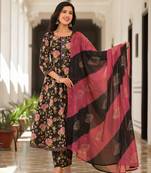Yufta black floral print zari work anarkali kurta trouser with dupatta set