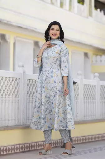  grey sequins work anarkali kurta trouser and dupatta set