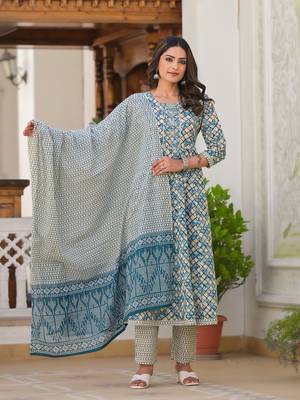  blue checkered print anarkali kurta trouser with dupatta set 1