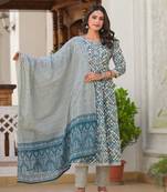  blue checkered print anarkali kurta trouser with dupatta set