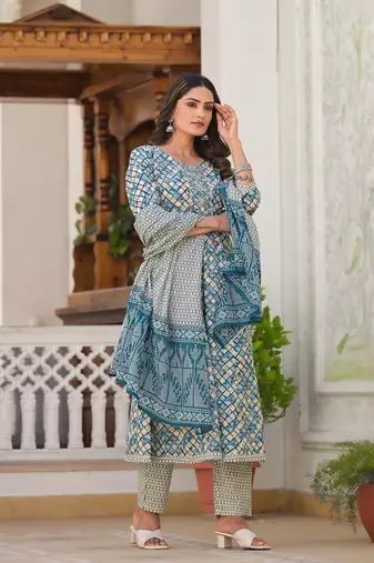  blue checkered print anarkali kurta trouser with dupatta set