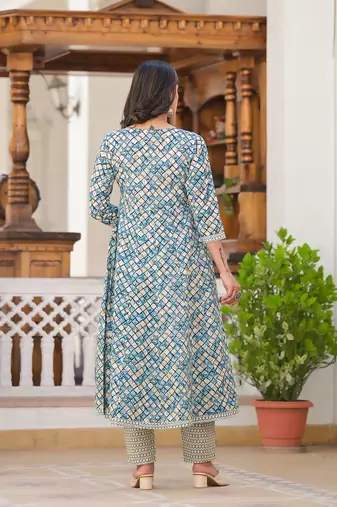  blue checkered print anarkali kurta trouser with dupatta set