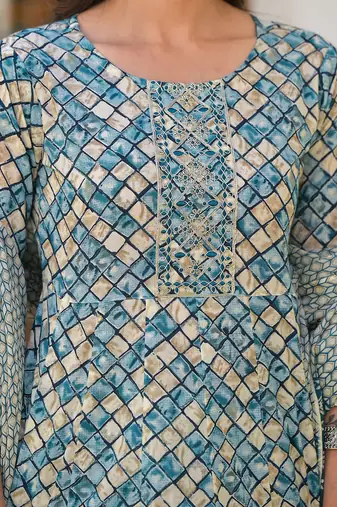  blue checkered print anarkali kurta trouser with dupatta set
