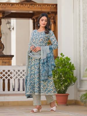  blue checkered print anarkali kurta trouser with dupatta set 5