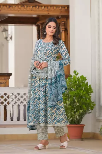  blue checkered print anarkali kurta trouser with dupatta set