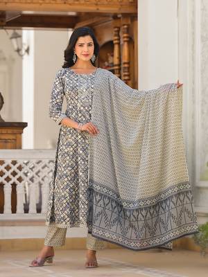 grey checkered print anarkali kurta trouser with dupatta set 1