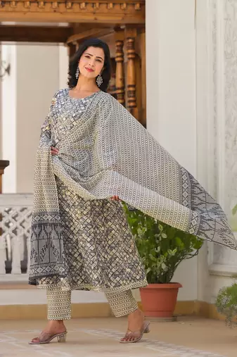  grey checkered print anarkali kurta trouser with dupatta set
