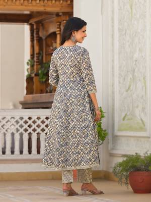  grey checkered print anarkali kurta trouser with dupatta set 3