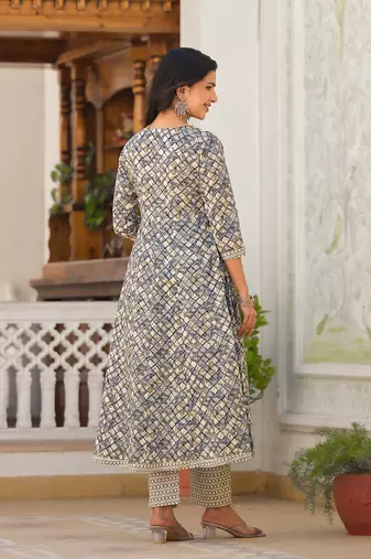  grey checkered print anarkali kurta trouser with dupatta set
