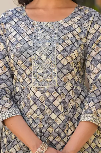  grey checkered print anarkali kurta trouser with dupatta set