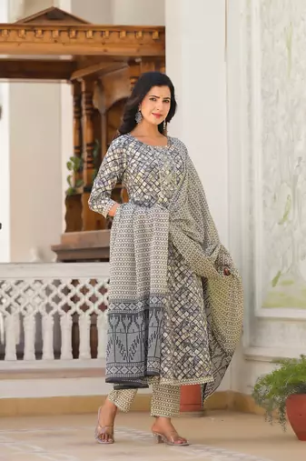  grey checkered print anarkali kurta trouser with dupatta set