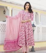  purple checkered print anarkali kurta trouser with dupatta set