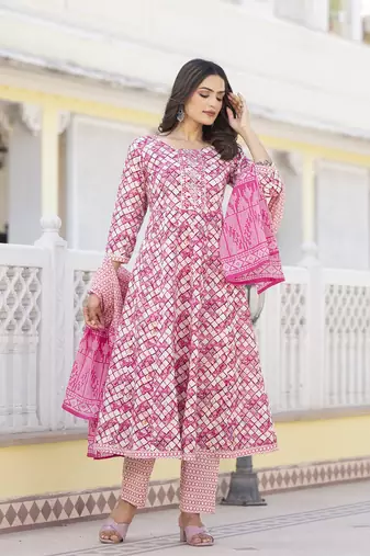  purple checkered print anarkali kurta trouser with dupatta set