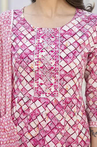  purple checkered print anarkali kurta trouser with dupatta set