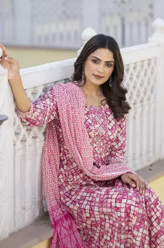  purple checkered print anarkali kurta trouser with dupatta set