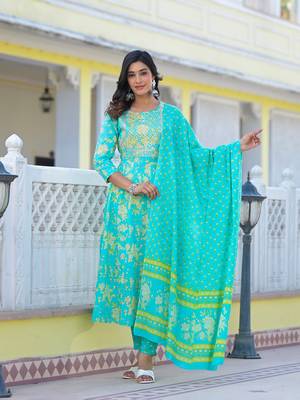  sea green zari work anarkali pant dupatta set 1