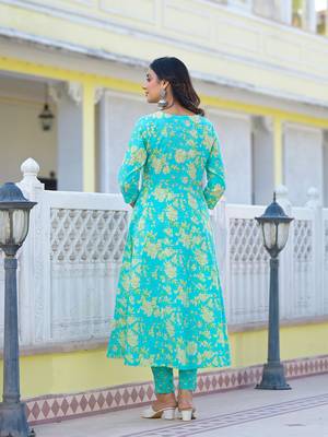  sea green zari work anarkali pant dupatta set 3