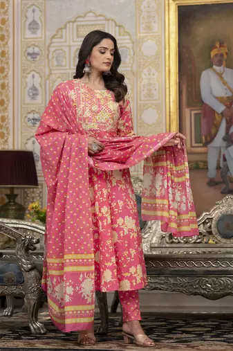  pink zari work kurta pant dupatta set