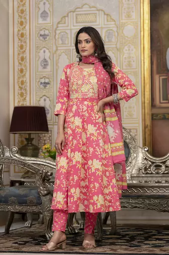  pink zari work kurta pant dupatta set