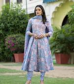  grey zari work anarkali kurta pant dupatta set