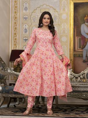 peach floral print anarkali kurta trouser and dupatta set 1