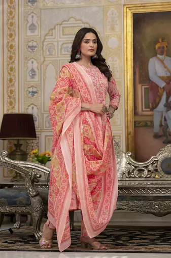 peach floral print anarkali kurta trouser and dupatta set