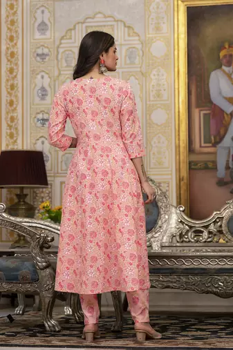 peach floral print anarkali kurta trouser and dupatta set