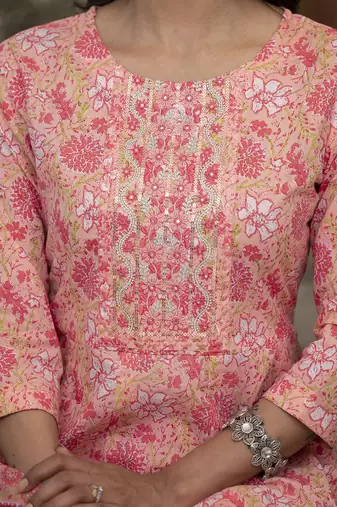peach floral print anarkali kurta trouser and dupatta set