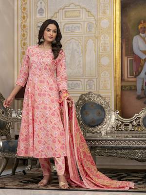 peach floral print anarkali kurta trouser and dupatta set 5