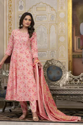 peach floral print anarkali kurta trouser and dupatta set