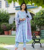  blue floral print anarkali kurta trouser and dupatta set