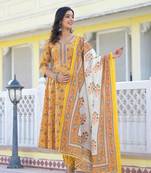  mustard yellow floral print anarkali kurta trouser and dupatta set