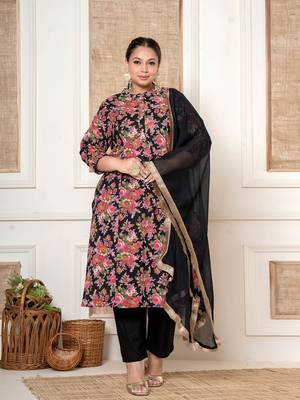  black floral print cotton plus size kurta and pant with dupatta set 1