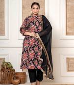  black floral print cotton plus size kurta and pant with dupatta set