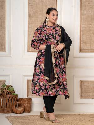  black floral print cotton plus size kurta and pant with dupatta set 2