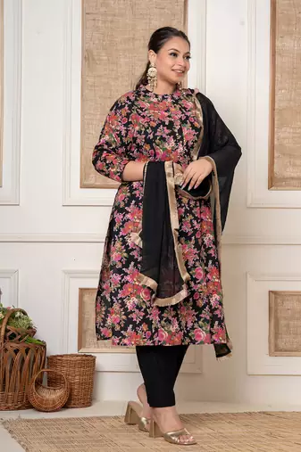  black floral print cotton plus size kurta and pant with dupatta set